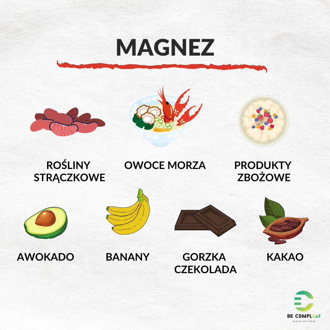 źródła magnezu: rośliny strączkowe, owoce morza, produkty zbożowe, awokado, banany, gorzka czekolada, kakao